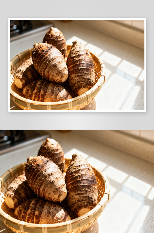 竹篮盛放芋头阳光照射-众图网