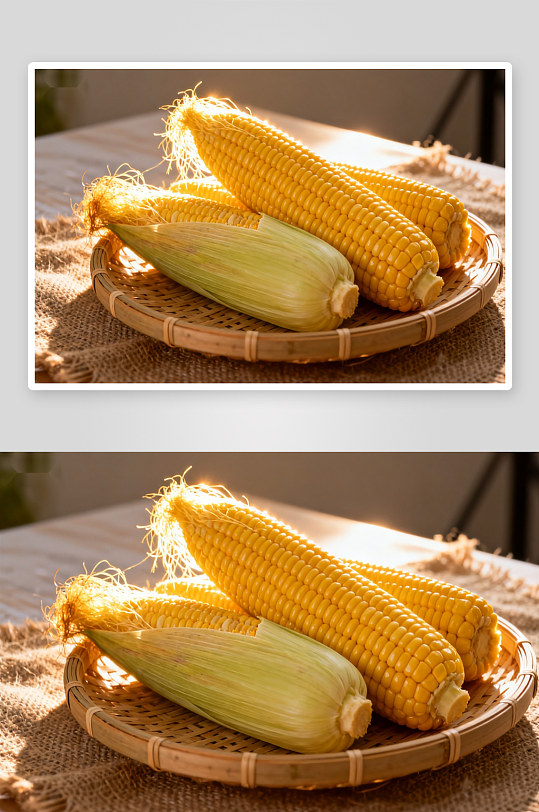 竹篮盛放金黄玉米特写-众图网