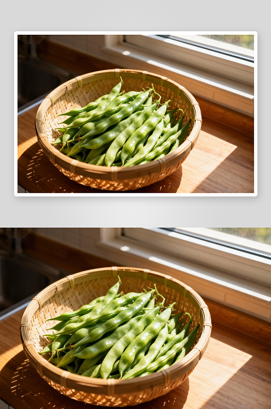 竹篮装豆角阳光照-众图网