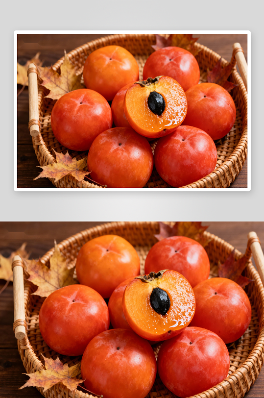 篮中柿子秋叶相伴-众图网