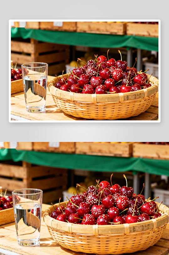 篮中鲜红樱桃配清水-众图网