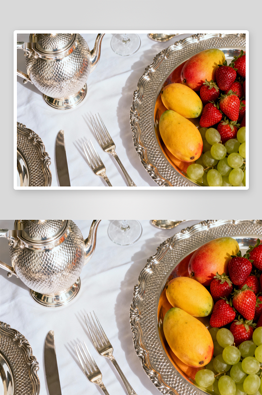 精致下午茶水果与银器摆盘-众图网