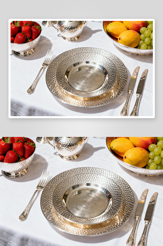 精致银器餐具与水果摆盘-众图网
