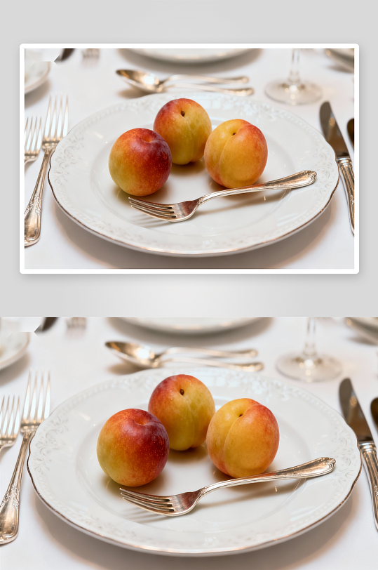 精致餐桌上的三颗李子-众图网