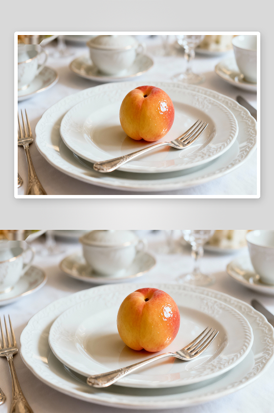 精致餐桌上的桃子与餐具-众图网