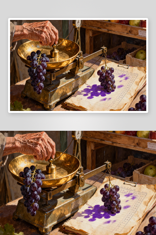 老人称量葡萄的复古场景-众图网