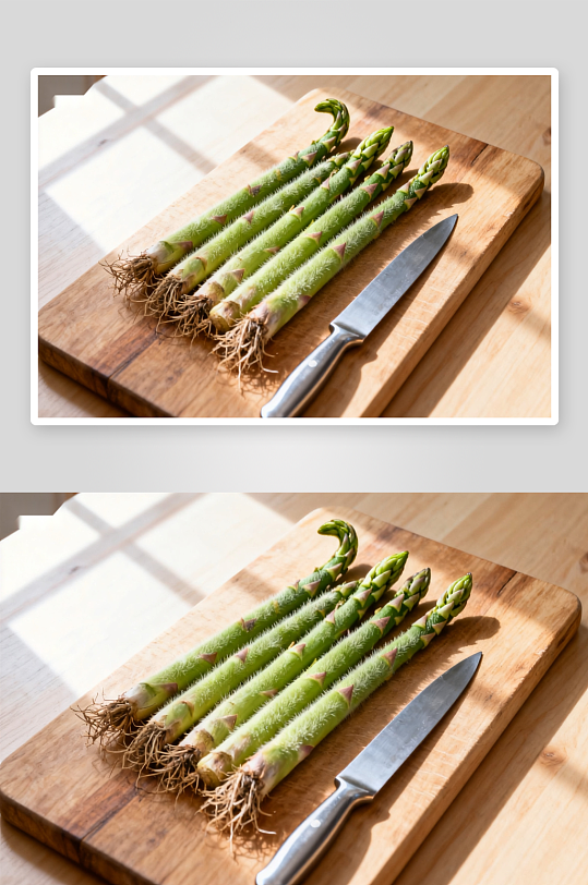 芦笋与刀具木质砧板-众图网