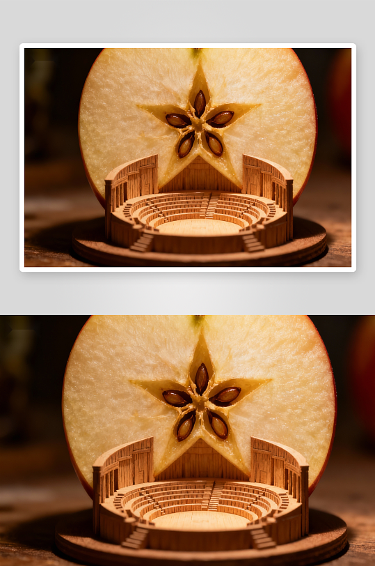 苹果切面与木质剧场模型-众图网