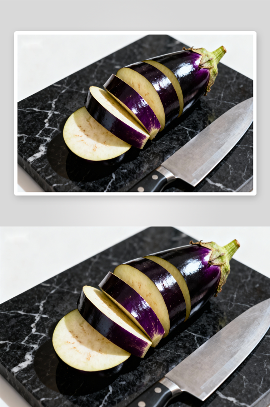 茄子切片与厨刀静置于石板-众图网