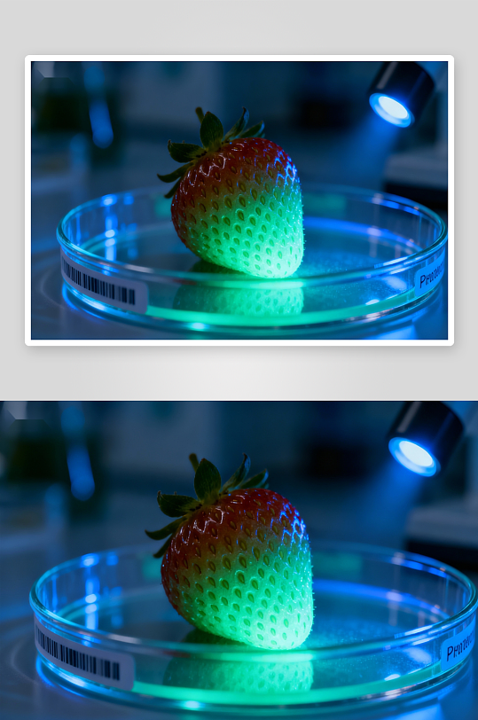 草莓在培养皿中荧光照射-众图网