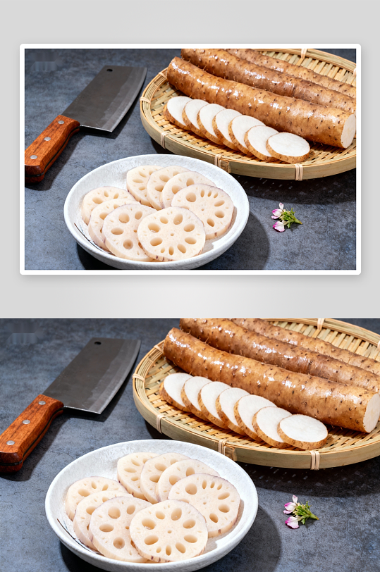 莲藕切片与刀具静物摆拍-众图网