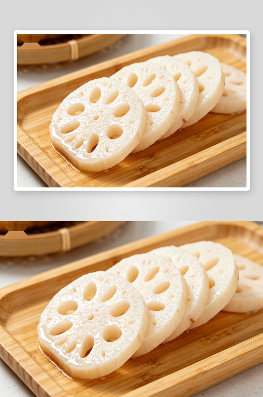 莲藕切片摆放在木质托盘上-众图网