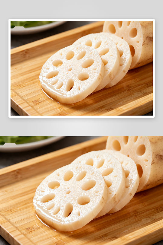 莲藕切片摆放在木质砧板上-众图网