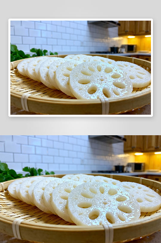 莲藕切片摆放在竹篮中-众图网