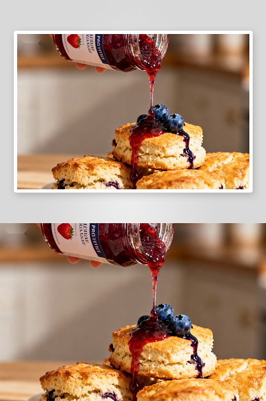 蓝莓司康配果酱倾倒特写-众图网