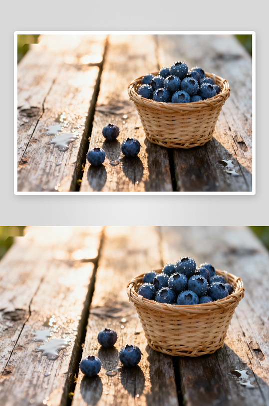 蓝莓盛于篮中木桌之上-众图网