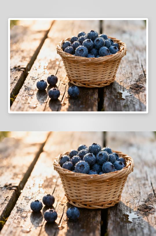蓝莓盛篮木桌晨光-众图网