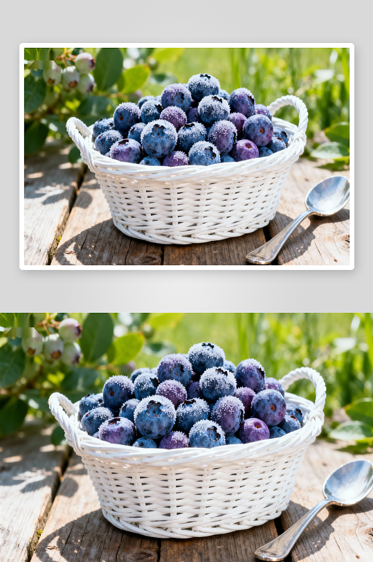 蓝莓装篮旁放勺户外场景-众图网