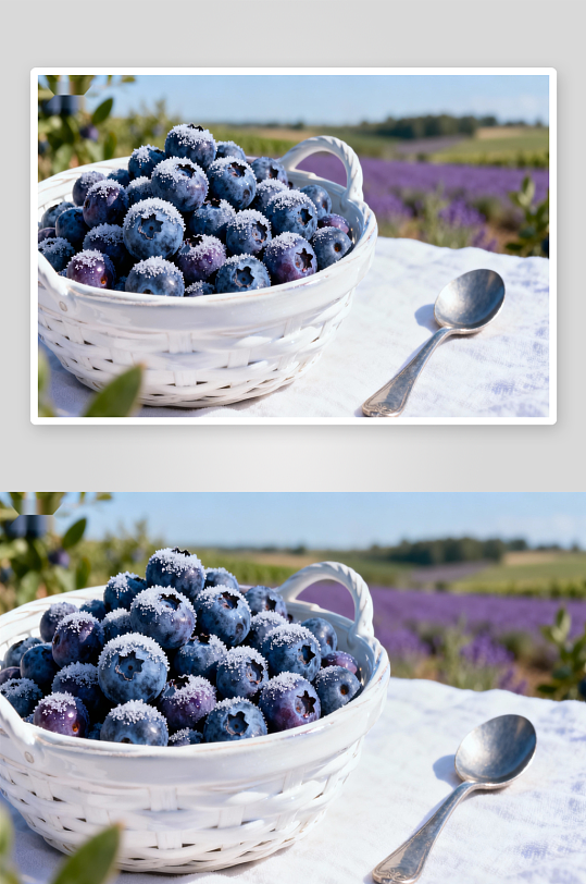 蓝莓覆霜篮中盛户外花田-众图网