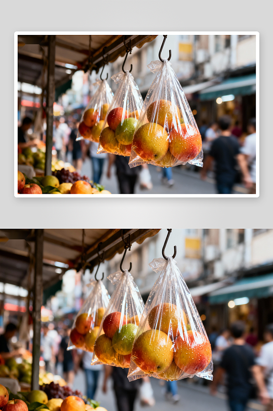 街头市场悬挂水果袋诱人展示-众图网