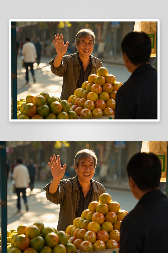 街头水果摊大叔挥手招呼-众图网