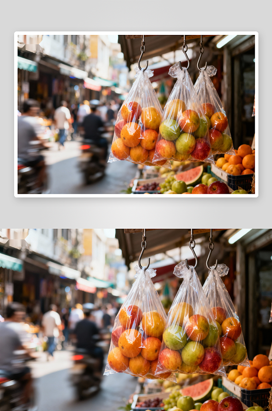 街头水果摊挂袋售卖场景-众图网
