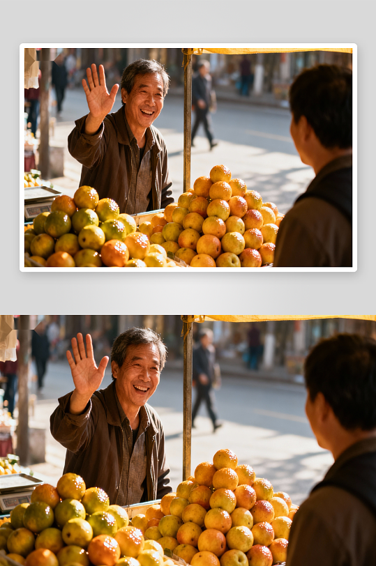 街头水果摊大叔挥手招呼顾客-众图网