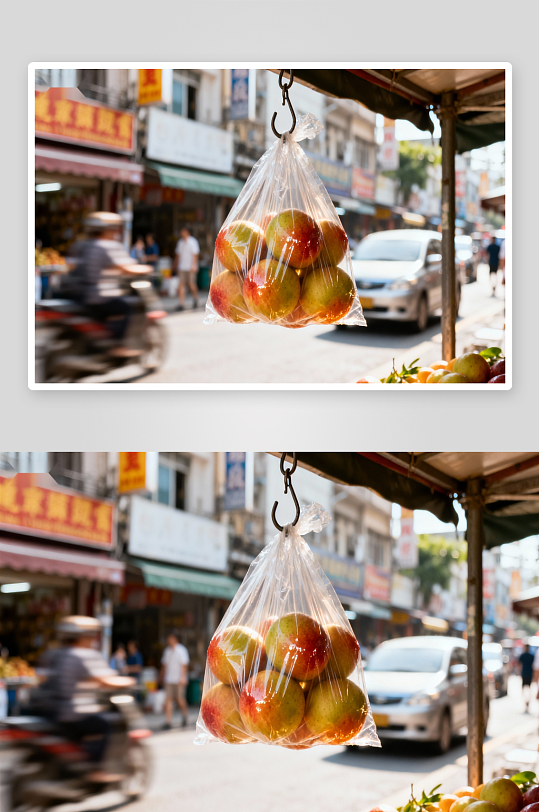 街头水果摊挂袋苹果特写-众图网
