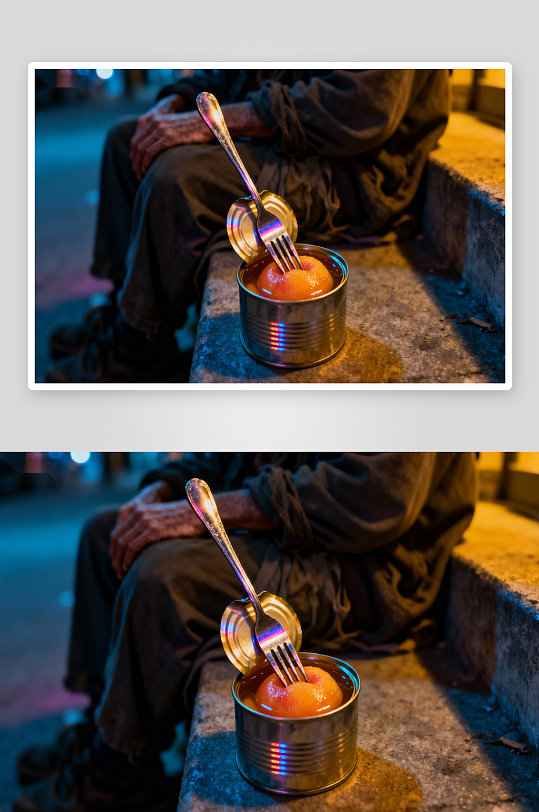 街头流浪者夜食罐头-众图网