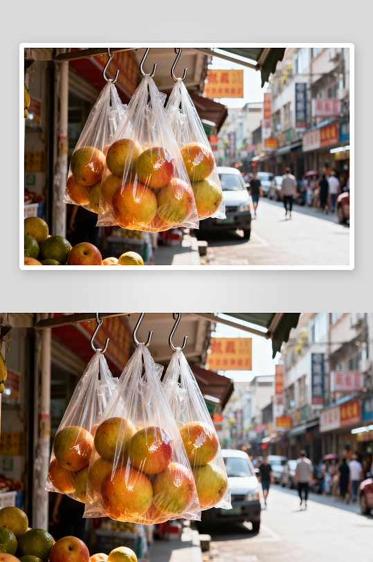 街边水果摊挂袋售卖场景-众图网