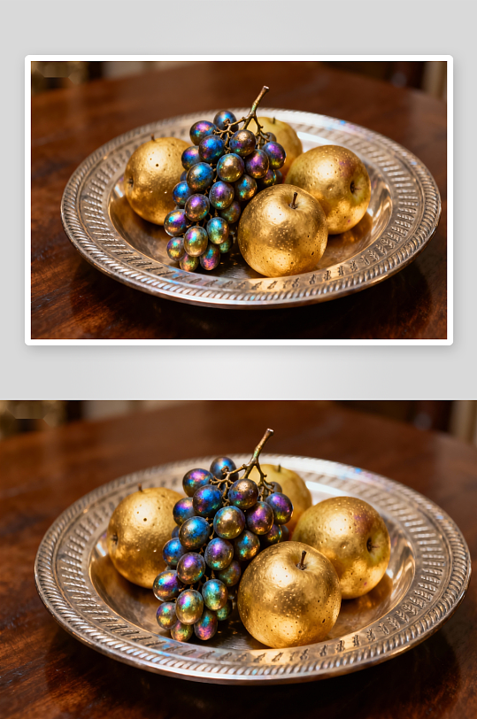 金色果实静置于银盘之上-众图网