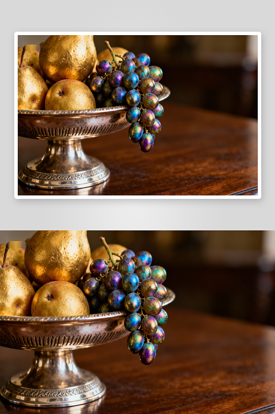 金色果盘中的葡萄与梨-众图网