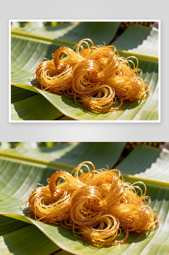 金黄糖丝缠绕香蕉叶-众图网