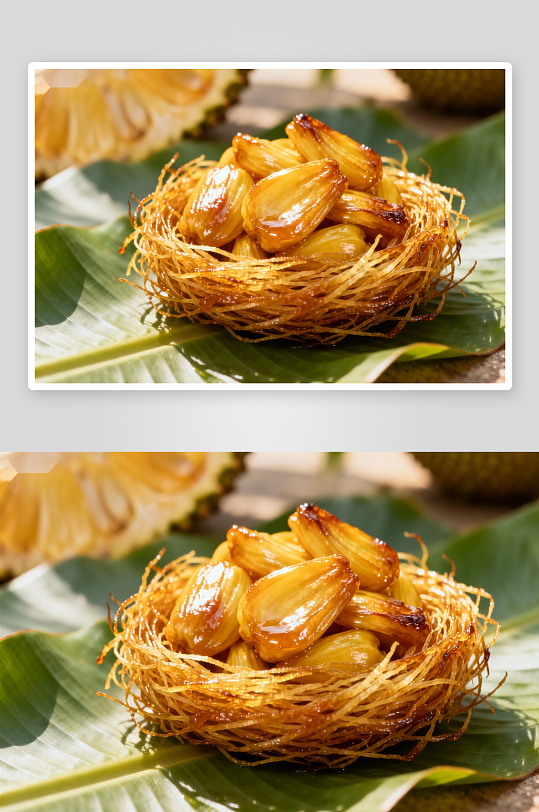 金黄色果肉盛于鸟巢状酥皮-众图网