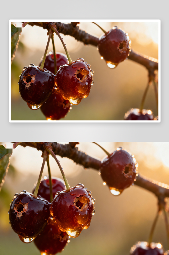 阳光下挂满露珠的樱桃-众图网