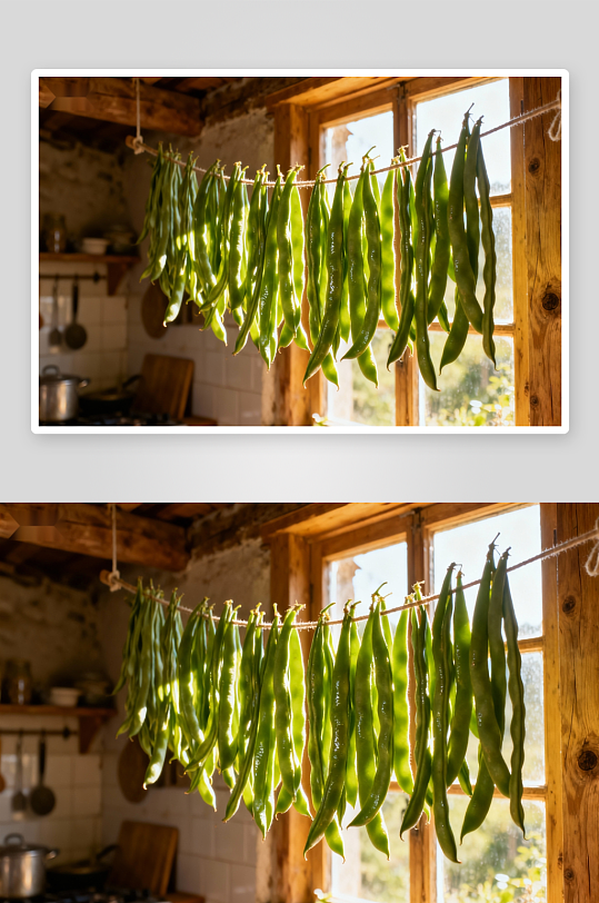 阳光下晾晒的绿色豆荚-众图网