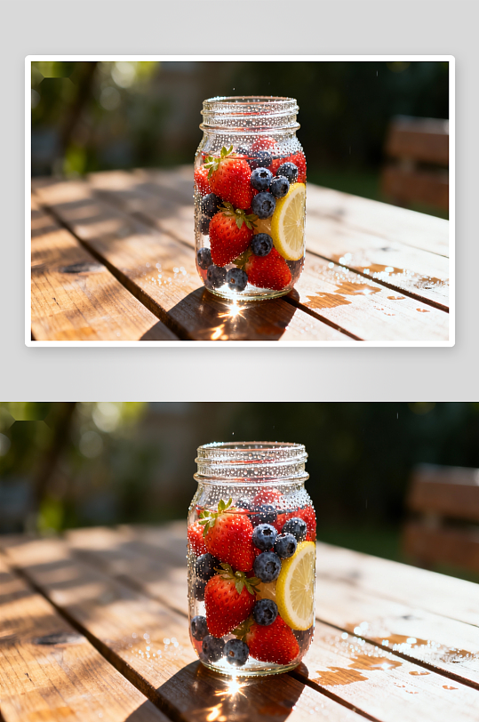 阳光下木桌上的水果罐-众图网