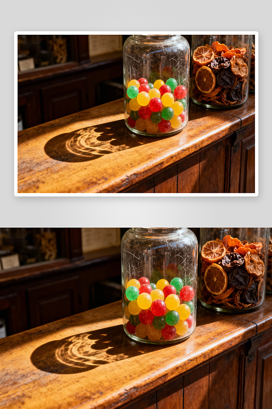 阳光下木桌上的糖果与果干-众图网