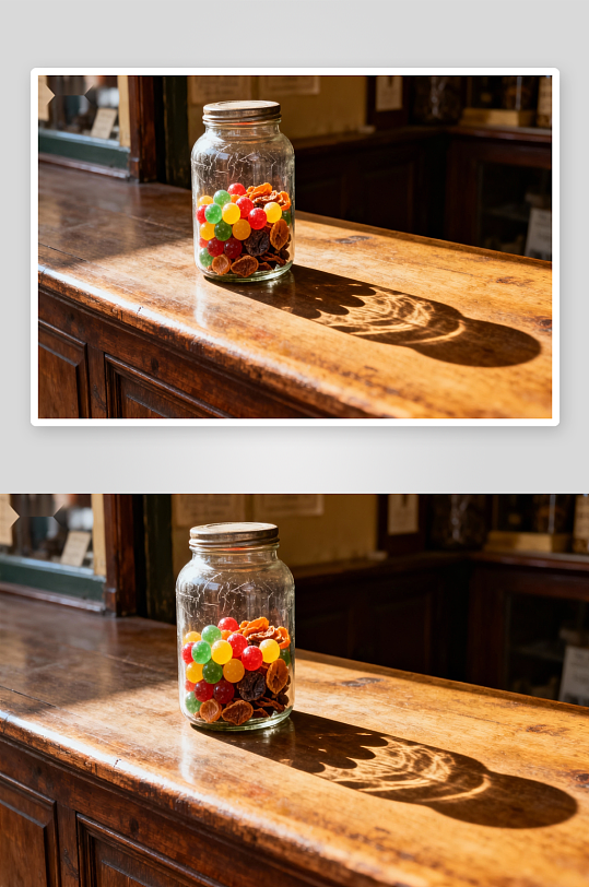 阳光下木桌上的糖果罐-众图网