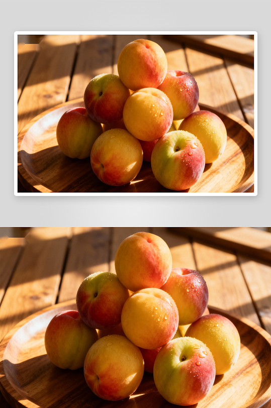 阳光下木盘上的水蜜桃-众图网