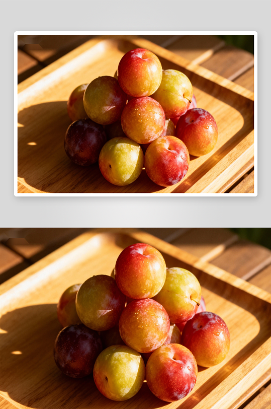 阳光下木质托盘上的李子-众图网