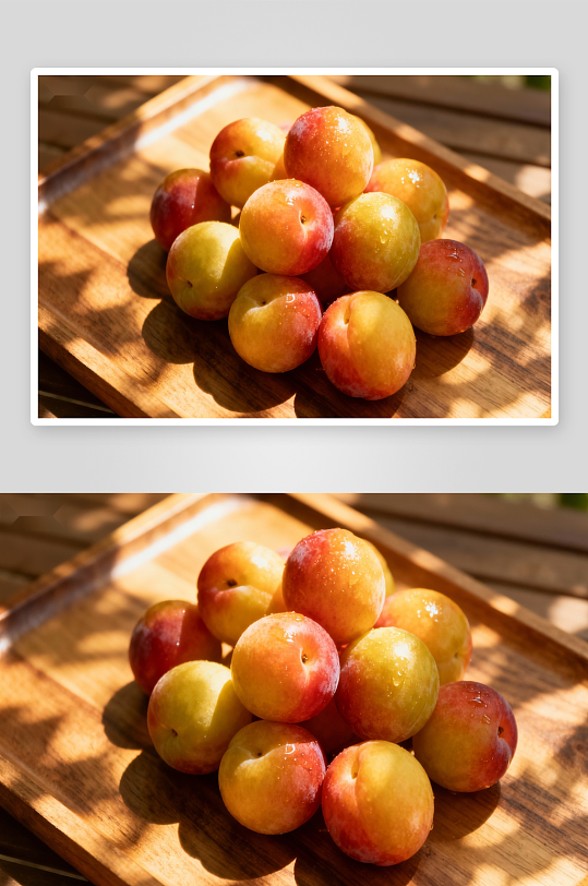 阳光下木质盘上的李子-众图网