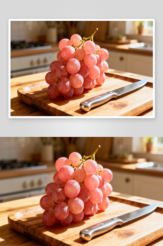 阳光下木质砧板上的葡萄-众图网