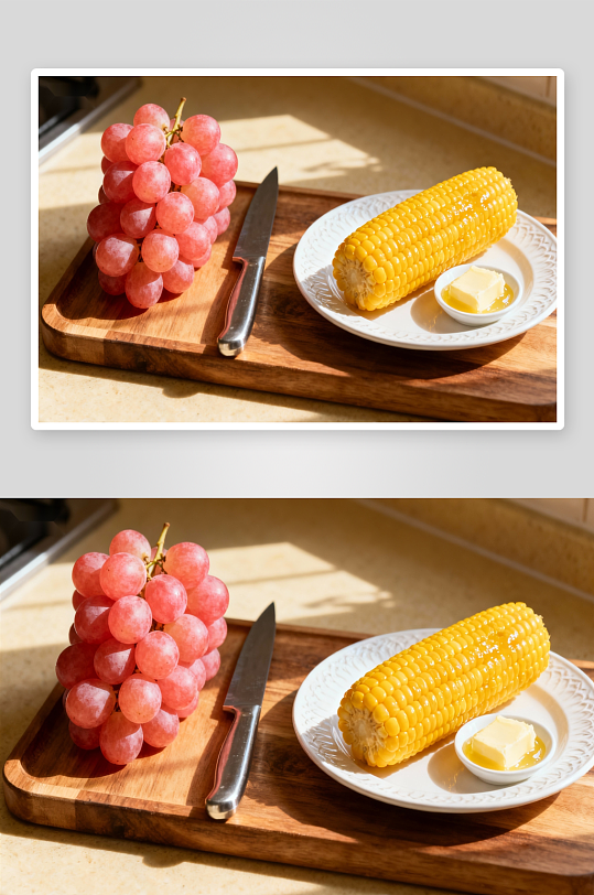 阳光下水果与玉米的静物摆拍-众图网