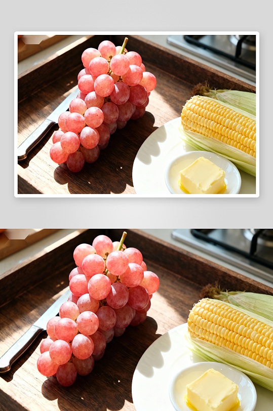 阳光下水果与玉米静物-众图网