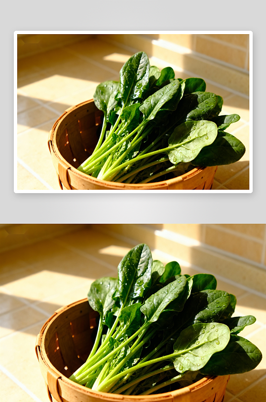 阳光下竹篮里的新鲜菠菜-众图网