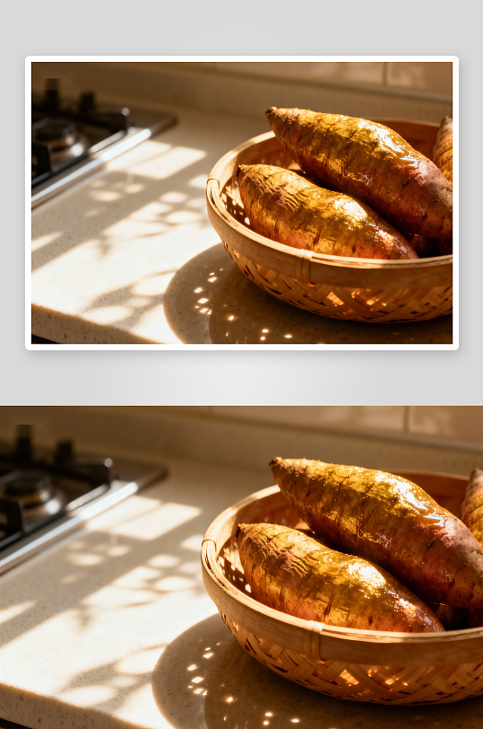 阳光下竹篮里的烤红薯-众图网