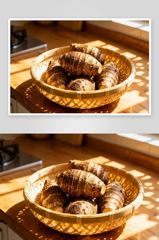 阳光下竹篮里的芋头-众图网