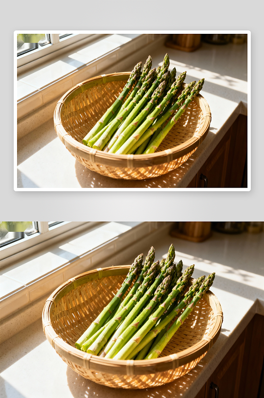 阳光下竹篮里的芦笋-众图网