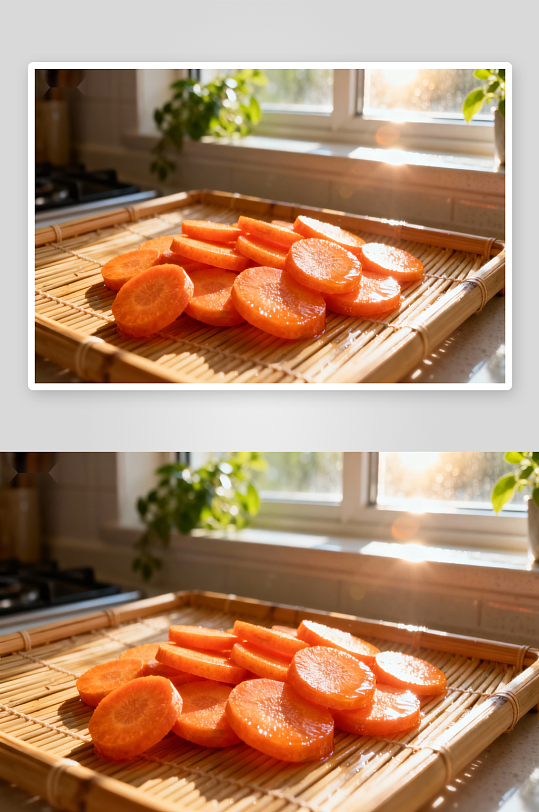 阳光下竹编盘中的胡萝卜片-众图网